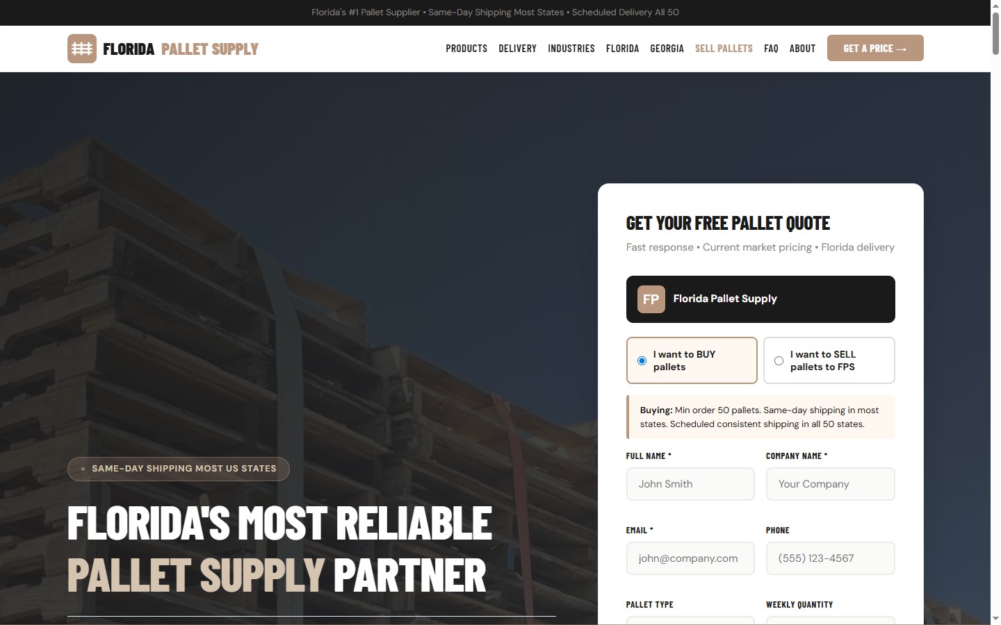 floridapalletsupply.com live screenshot